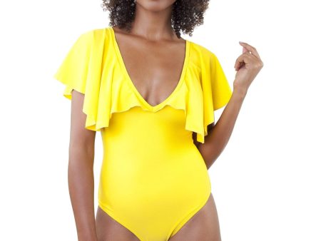 Ruffle Neckline Swimsuit Yellow For Cheap